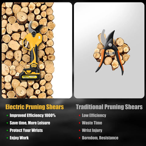 Comparison of Cordless Electric Pruning Shears With Eight Foot Telescopic Pole Pro Grade Build and traditional shears on logs