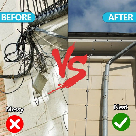 Comparison of messy vs neat satellite cable installation using All In One Satellite Internet Cable Routing Kit With Wall Grommets