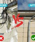 Before and after comparison of cable organization using the Heavy Duty One Inch Wall Grommet Cable Pass Through Kit For Starlink Routers And Ethernet Adapters Smooth Masonry Routing Bushings With Threader Rod No Sweat Wire Organization Setup.
