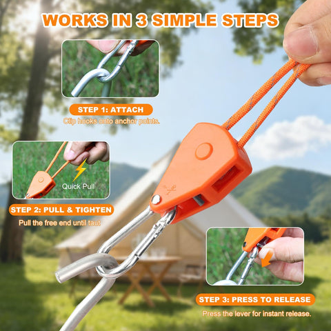 14Ft Retractable Paracord Rope Tie Down Straps With Ratchet Tensioners 6 Pack 150Lb Each for Tent Canopy in use steps
