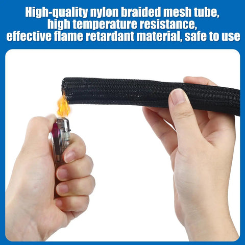 Person holding a lighter near a 50 Ft Split Wire Loom Tubing showcasing flame retardant material, safe for automotive use.