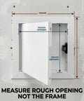 Top Tier Aluminum Access Panel For Drywall Featuring No Sweat Push To Open Flush Mount Latch built for paintable wall and ceiling, showing rough opening measurements.