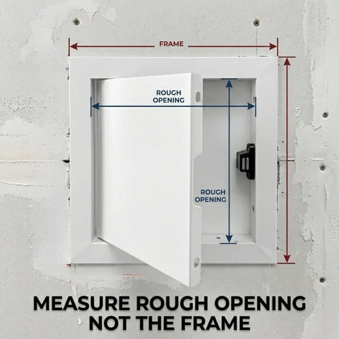 Top Tier Aluminum Access Panel For Drywall Featuring No Sweat Push To Open Flush Mount Latch built for paintable wall and ceiling, showing rough opening measurements.
