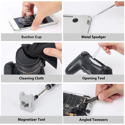 142 Piece Precision Screwdriver Set Magnetic Tool Kit showing suction cup, spudger, cleaning cloth, opening tool and magnetizer