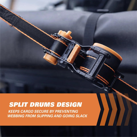 Close-up of Heavy Duty Retractable Ratchet Tie Down Straps One Inch By Ten Feet Five Hundred Pound auto retracting safety brake.