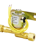 Brass 24V humidifier water solenoid valve with mounting bracket and yellow wires