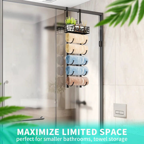 Six Tier Over The Door And Wall Mount Towel Rack With Metal Shelf Basket For Small Bathrooms Campers And RVs Black Patented Design No Fuss Space Saving Convenience holding rolled towels