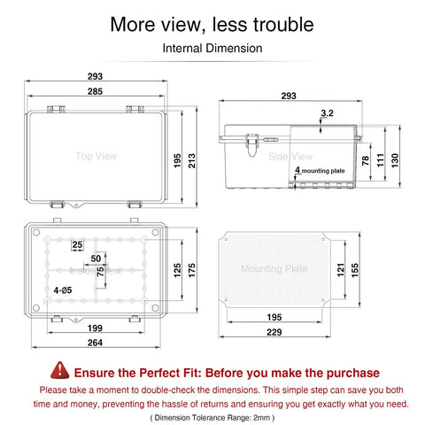 Diagram showing internal dimensions of Rugged Outdoor IP67 Junction Box Waterproof Electrical Enclosure in Tough ABS Plastic