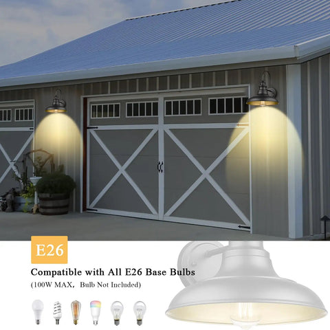 Outdoor Barn Light Fixtures 12.3 Inch Large Dome Farmhouse Wall Mount Sconces illuminating garage doors, black with gold interior.