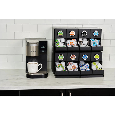 8 Count Modular Coffee Pod Merchandiser for Commercial Use - Slim, Gravity-Dispense Design next to Keurig coffee maker