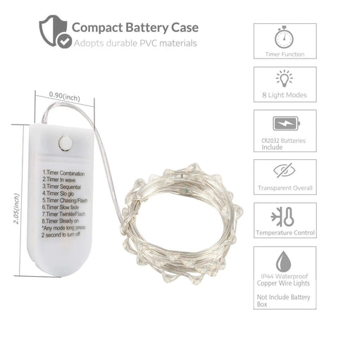 20 LED Fairy Lights On 6.5ft Silver Wire Battery Powered With Timer, Warm White Glow, 8 Lighting Modes feature guide