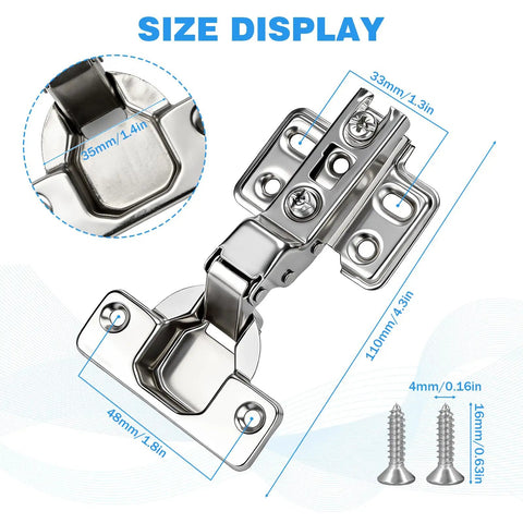 4 Pack Half Overlay Frameless Soft Close Cabinet Hinges 35mm Steel Hydraulic Concealed Hinges with size details