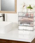 Clear Stackable Storage Drawers 2 Pack Wide Plastic Organizers in bathroom, holding cosmetics and papers, 12.1w x 7.5d x 3.5h.