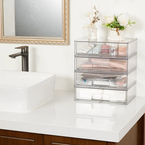 Clear Stackable Storage Drawers 2 Pack Wide Plastic Organizers in bathroom, holding cosmetics and papers, 12.1w x 7.5d x 3.5h.