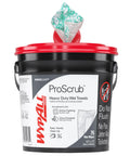 Container of heavy duty wet towels labeled WypAll ProScrub with a textured green and white wipe emerging from the top.