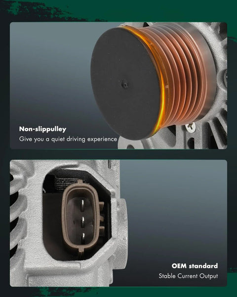 Close-up of Beefy 100 Amp 12V Alternator Replacement showing non-slip pulley and OEM standard plug for Nissan NV200, Sentra, Versa.