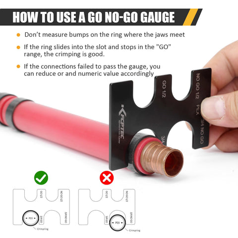 Using a Go No-Go gauge with a PEX crimping tool for one half and three quarter inch copper rings meets ASTM F1807 standard.