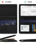 Two Pack RFID Blocking Passport Wallet Cover With Vaccine Card Slot And Card Compartments, shown open and closed, black color