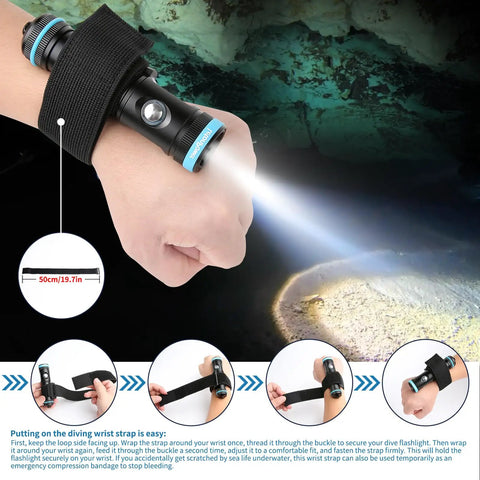 Wrist-mounted use of Beast Bright 2200 Lumens Dive Light With 8 Degree Narrow Beam USB C Rechargeable IP68 Waterproof To 100M