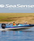 Speedboat on water with SeaSense logo, showcasing marine products for boating enthusiasts
