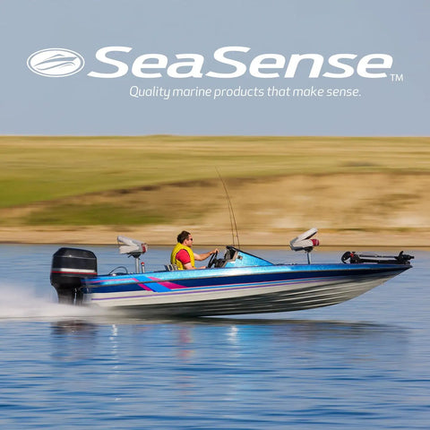 Person driving a blue motorboat on a lake under a clear sky, showcasing the SeaSense logo and quality marine products slogan.