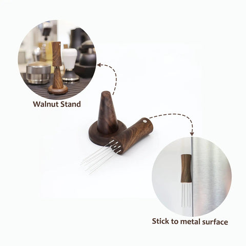 Espresso WDT Tool V2.0 With Built In Magnet And Stand, walnut wood, shown in use with metal surface and walnut stand.