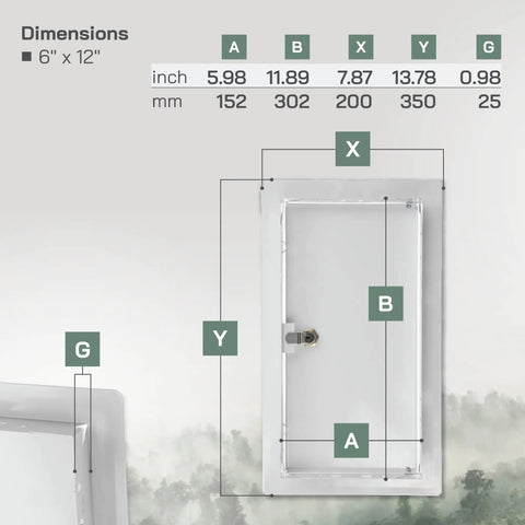 Bulletproof Lockable Metal Access Panel For Drywall 6X12 Inch dimensions diagram showing size and measurements.