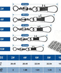 No More Line Twists With Ball Bearing Fishing Swivels, Anti Tangling Design With 360 Rotation, Quick Connect Safety Snaps, Saltwater And Freshwater Ready, 200 Pack For Smooth Casting And Trouble Free Retrieval. size chart with 2# to 10# swivels