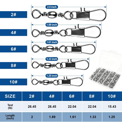 No More Line Twists With Ball Bearing Fishing Swivels, Anti Tangling Design With 360 Rotation, Quick Connect Safety Snaps, Saltwater And Freshwater Ready, 200 Pack For Smooth Casting And Trouble Free Retrieval. size chart with 2# to 10# swivels