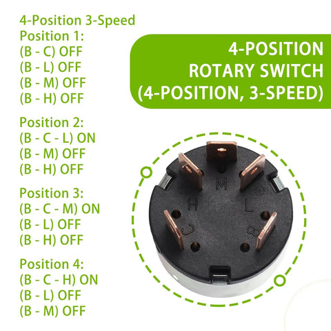 Diagram of Four Position Three Speed Rotary Switch With Knob And Terminals For Fan Or Heater Control 12A 250V 16A 125V.