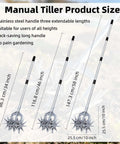 Rotary Cultivator For Your Garden With Adjustable Hand Tiller Detachable Solid Metal Tines 2 In 1 Manual Garden Cultivator For Loosening And Mixing Soil Great For Reseeding Grass 58 Inch Reach size chart showing handle lengths of 34, 46, and 58 inches with star-tine head
