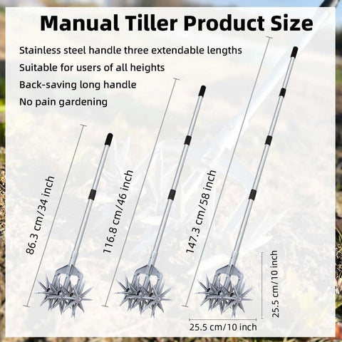 Rotary Cultivator For Your Garden With Adjustable Hand Tiller Detachable Solid Metal Tines 2 In 1 Manual Garden Cultivator For Loosening And Mixing Soil Great For Reseeding Grass 58 Inch Reach size chart showing handle lengths of 34, 46, and 58 inches with star-tine head