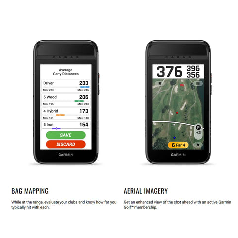 G82 Golf Launch Monitor With Premium GPS Handheld And Virtual Caddie 5 Inch Touchscreen displaying bag mapping and aerial imagery.