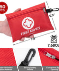 Front view of red PTEROMY 150-piece mini first aid kit pouch with white cross logo, nylon material, and attached carabiner clip.