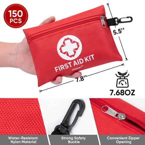Front view of red PTEROMY 150-piece mini first aid kit pouch with white cross logo, nylon material, and attached carabiner clip.