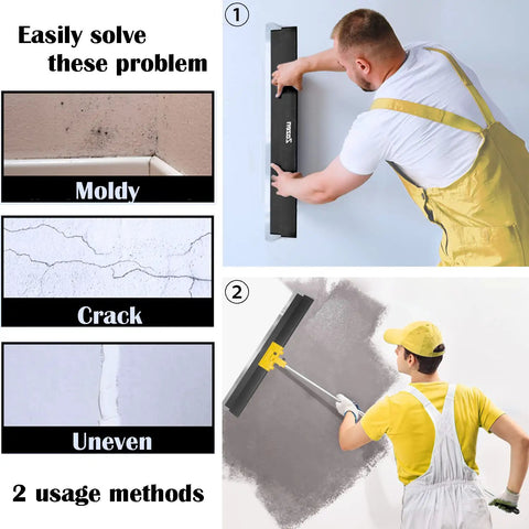 Drywall Skimming Blade Set With Extension Handle For Quick Mud Work, 10, 24, 32 Inch Blades, worker using blade on uneven wall