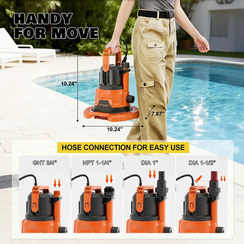 Person holding Upgraded Go-To Pool Cover Pump With Dual Outlets 1HP Submersible Sump Pump 3500GPH Beast Portable Water Transfer Pump near pool.