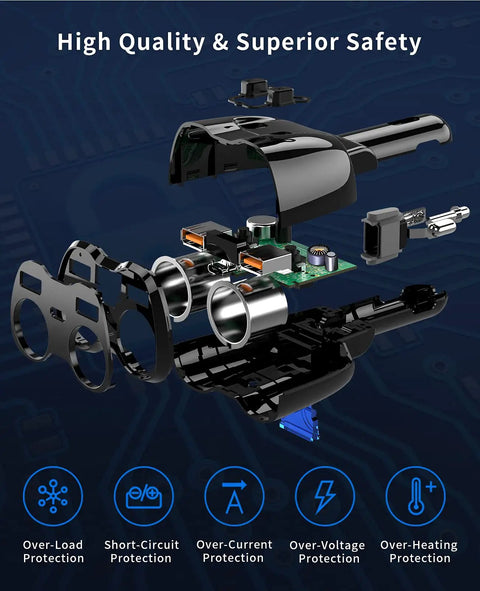 Exploded view of Beefed Up 180W Dual Cigarette Lighter Splitter with Independent Switches, sockets, and protective features