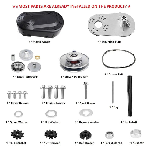 Torque Converter Kit For Go Kart And Mini Bike 30 Series With 6.5 HP 3/4 Inch Belt Drive Includes 10T To 41T Pulleys And 12T 35T Variant Clutch Replacement Set And Driver Pulley Fits Manco Comet TAV2 Small Engine Drive Belt components layout