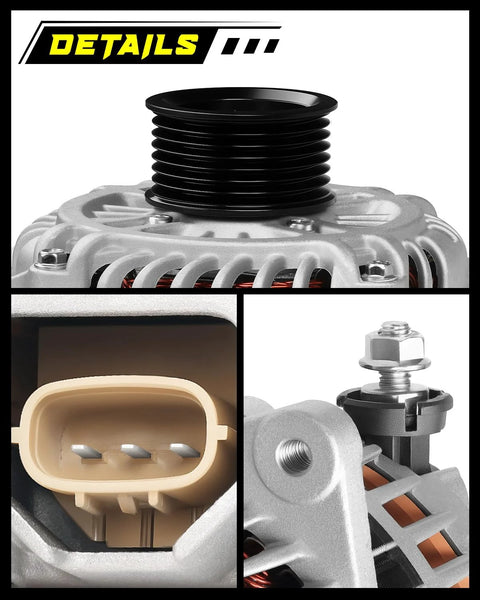 Close-up of Upgraded 3.5L V6 Alternator For Nissan Maxima Altima Murano 2011-2018 130 Amp CW 7-Groove Clutch Pulley components.