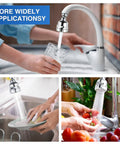 360 Degree Rotating Faucet Aerator Attachment With 3 Mode Spray Pulse Sprinkler And Pulse Plus Sprinkler For Water Saving Easy Install Kitchen Sink Head Chrome Plated Pack Of 2 in use, water pouring into glass and washing dishes, vegetables.