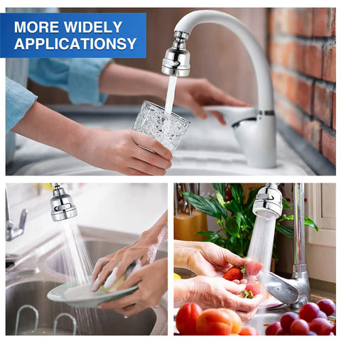 360 Degree Rotating Faucet Aerator Attachment With 3 Mode Spray Pulse Sprinkler And Pulse Plus Sprinkler For Water Saving Easy Install Kitchen Sink Head Chrome Plated Pack Of 2 in use, water pouring into glass and washing dishes, vegetables.