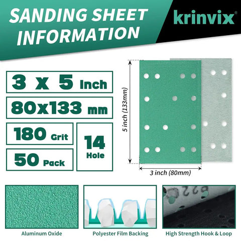 Premium 3 By 5 Inch 14 Hole Sanding Sheets That Rock, Featuring 180 Grit Aluminum Oxide, 50 pack with hook and loop backing.