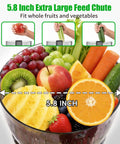 Juicer machine with 5.8-inch wide feed chute; 300W slow-masticating design for whole fruits and vegetables.