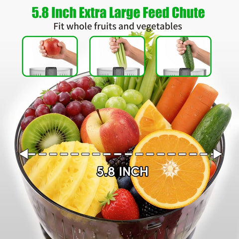 Juicer machine with 5.8-inch wide feed chute; 300W slow-masticating design for whole fruits and vegetables.