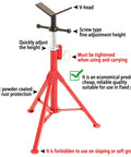 V Head Pipe Stand With Adjustable Height For Welding, heavy duty pipe support, showing red powder-coated finish and V-head detail