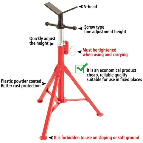 V Head Pipe Stand With Adjustable Height For Welding, heavy duty pipe support, showing red powder-coated finish and V-head detail
