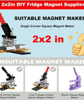 2x2 DIY magnet supplies showing suitable and unsuitable magnet makers; focus on Bulk Square Magnet Maker Kit For DIY Projects 2x2 Inch 50x50mm Cardboard Backing Includes Magnets Metal Casing Protective Film And 1000 Cardboard Materials For Creative Gifts And Endless Craft Builds.
