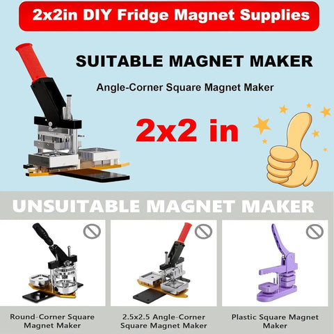 2x2 DIY magnet supplies showing suitable and unsuitable magnet makers; focus on Bulk Square Magnet Maker Kit For DIY Projects 2x2 Inch 50x50mm Cardboard Backing Includes Magnets Metal Casing Protective Film And 1000 Cardboard Materials For Creative Gifts And Endless Craft Builds.
