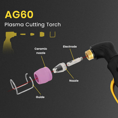 AG60P Plasma Cutter Torch Consumables Kit With Roller Guide Wheel Spacer components including nozzle, electrode, guide